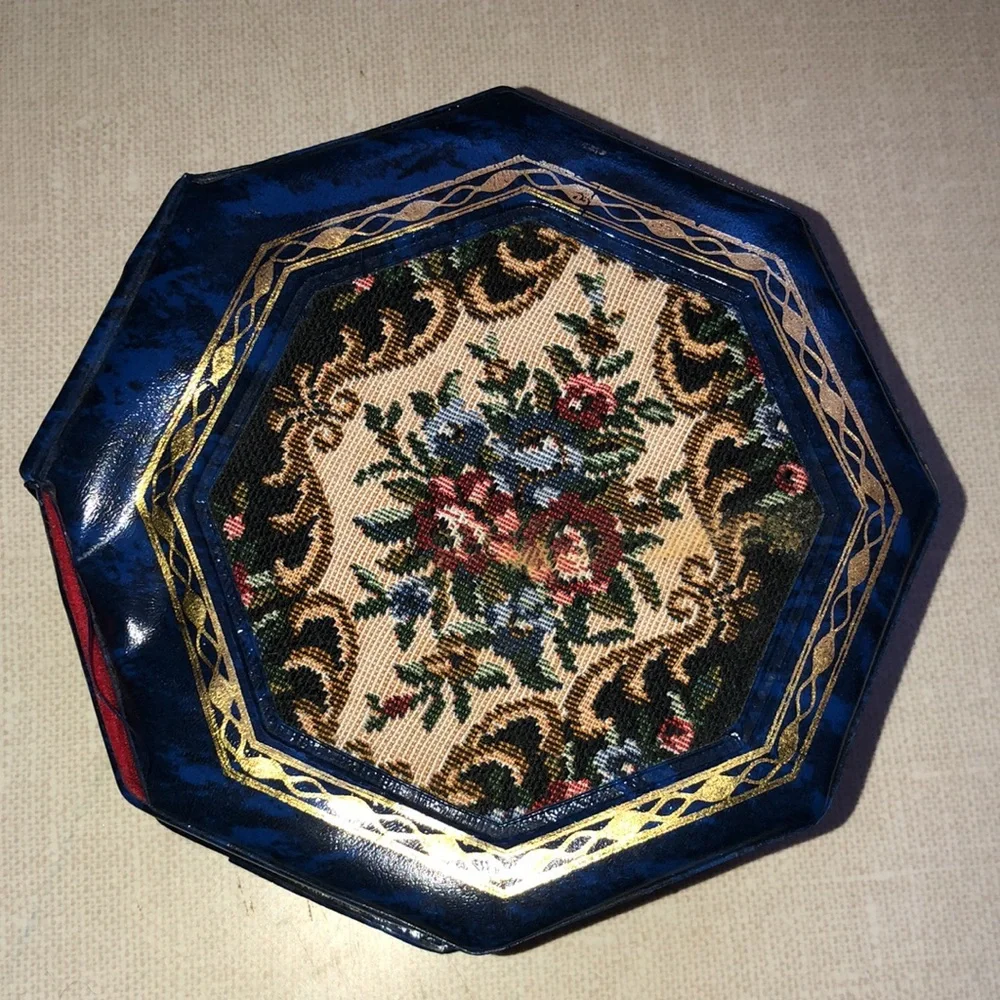 Octagon Shape Vinyl‎ VINTAGE Jewelry case with mirror Tapestry front